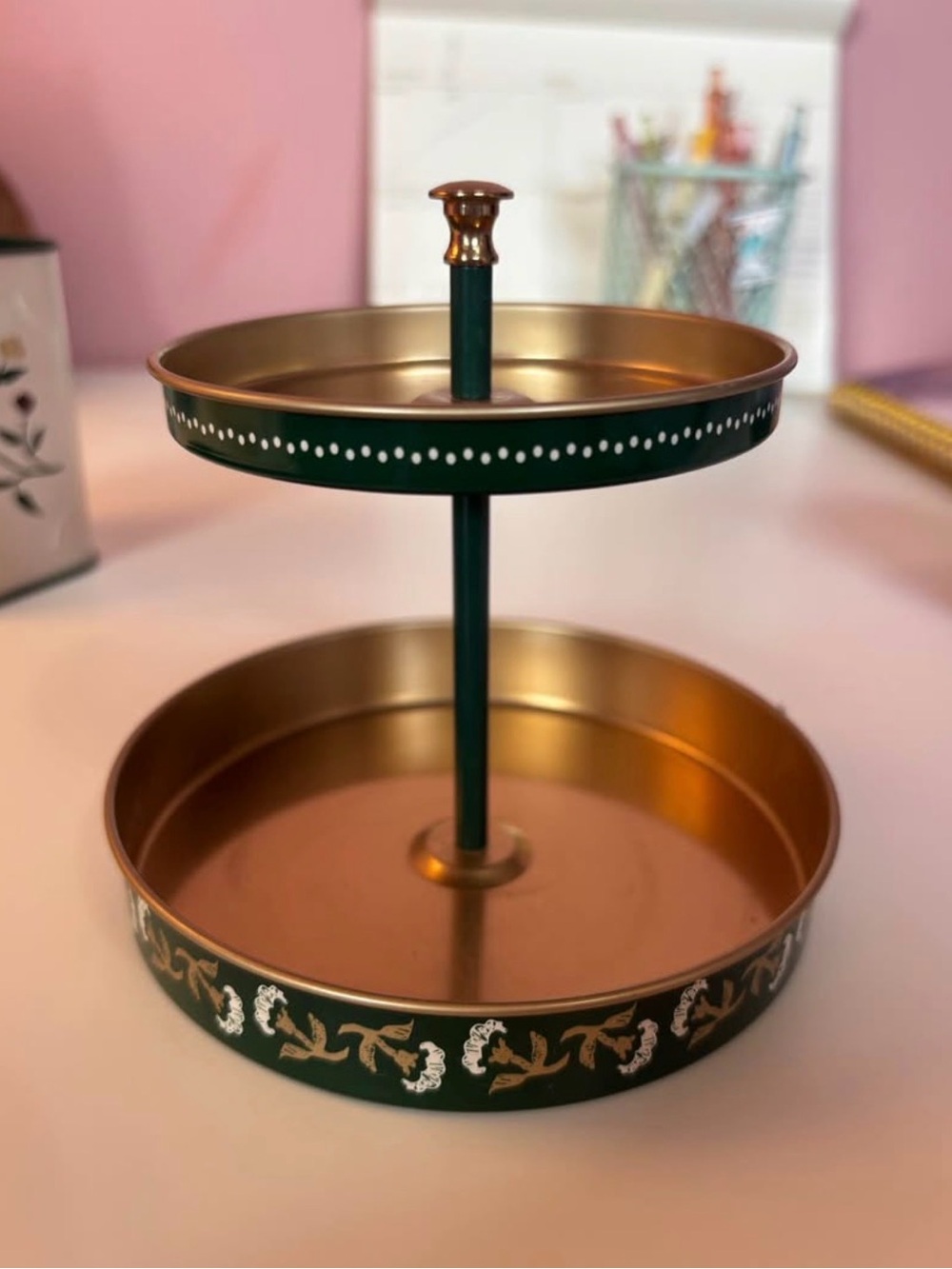 Two-Tier Decorative Tray in Forest Green and Gold
